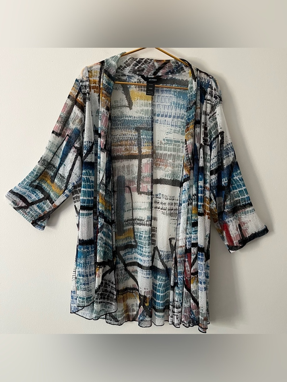 Ali Miles Multicolor Abstract Sheer Mesh Open Front Cardigan Topper Artsy L